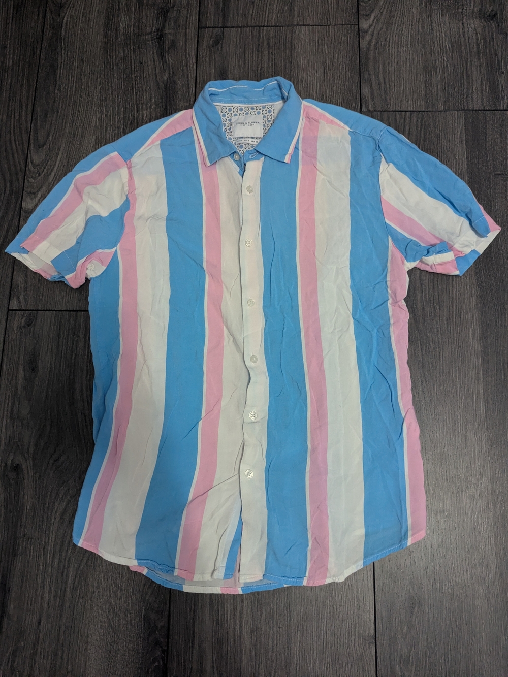 Denim & Flower Short-Sleeve Button Down in Blue, Pink & White Stripes